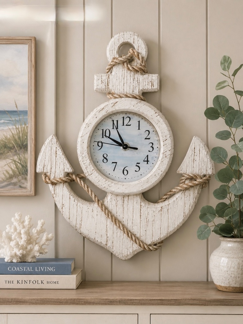 Coastal Nautical Anchor Wall Clock Distressed White Resin Beach House Coastal